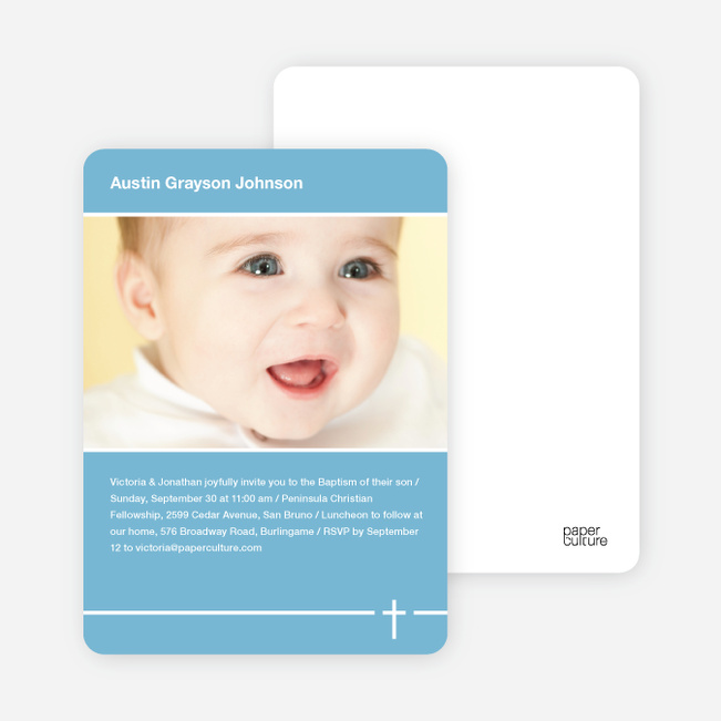 Baptism Photo Card: Simple Cross - Blue