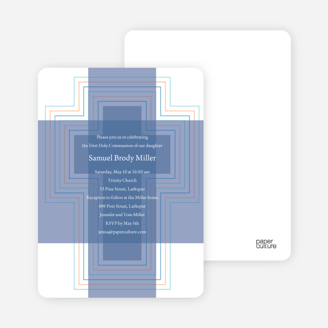 Bold, Geometric Cross – Holy Communion Invitations - Cadet Blue