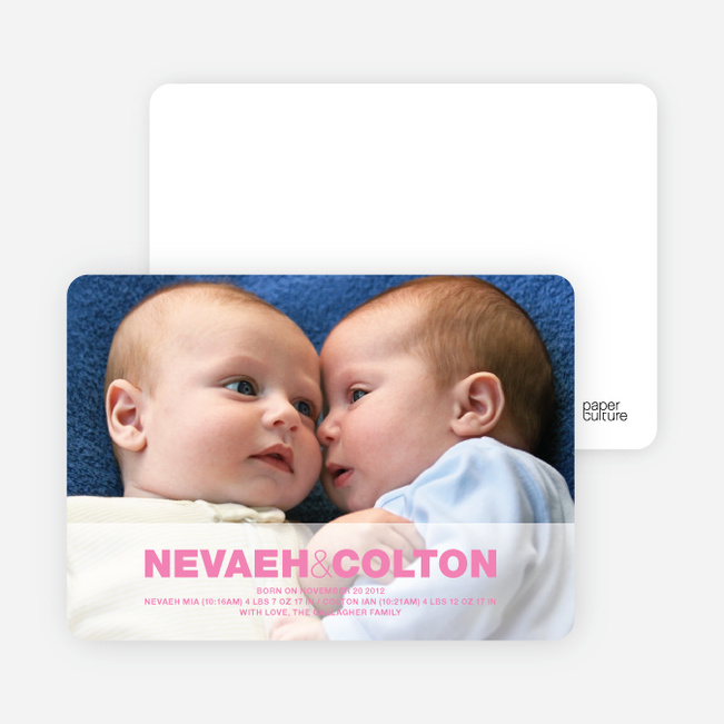 Cradle Talk Twin Photo Birth Announcements - Shocking Pink