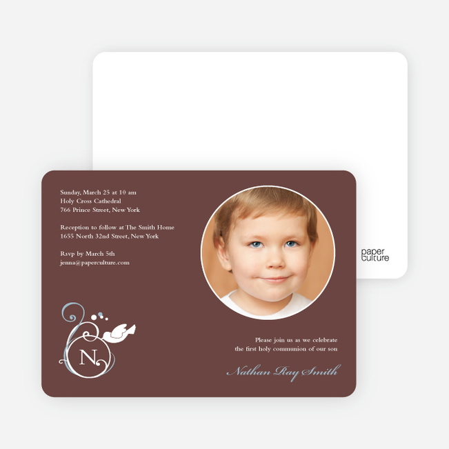 Monogrammed Dove Photo Cards for First Holy Communion Invitations - Mocha
