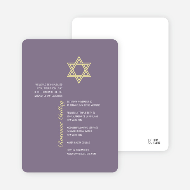 Simple Star of David Bar and Bat Mitzvah Invitations - Light Eggplant
