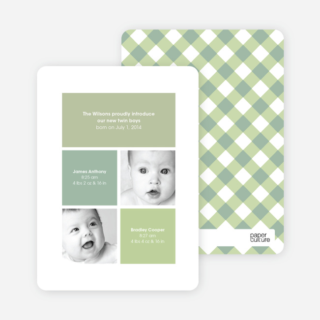 Ultra Modern Four Square Twin Birth Announcements - Sage