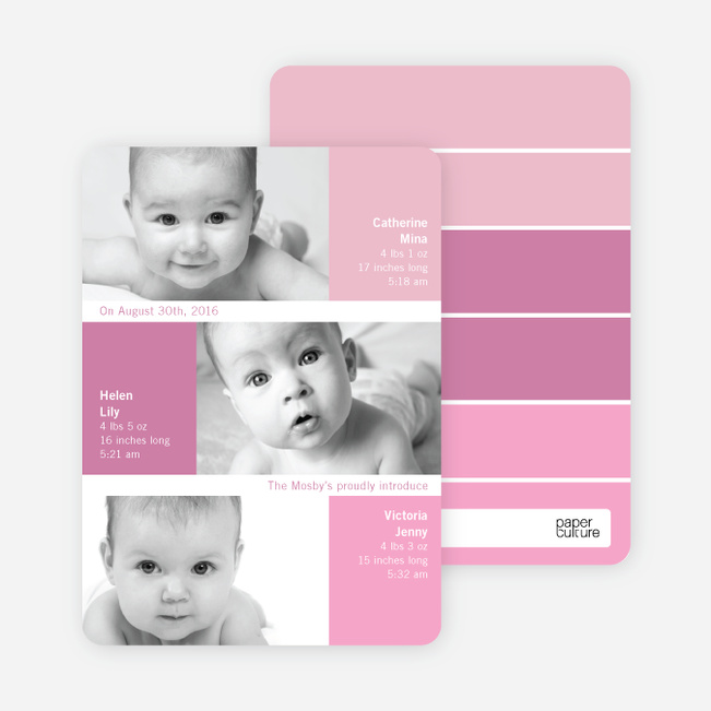 Triple Threat Triplet Baby Announcements - Fuschia