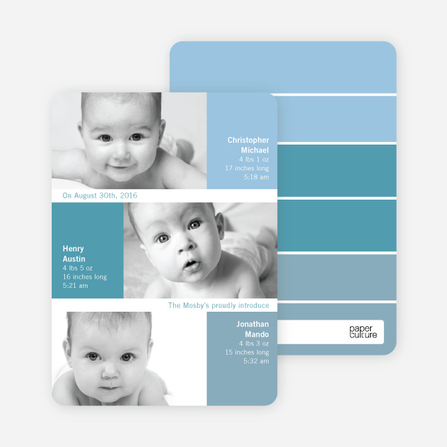Triple Threat Triplet Baby Announcements - Cadet Blue