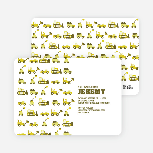 Dump Truck, Forklift & Bulldozer Birthday Invitation - Olive Green