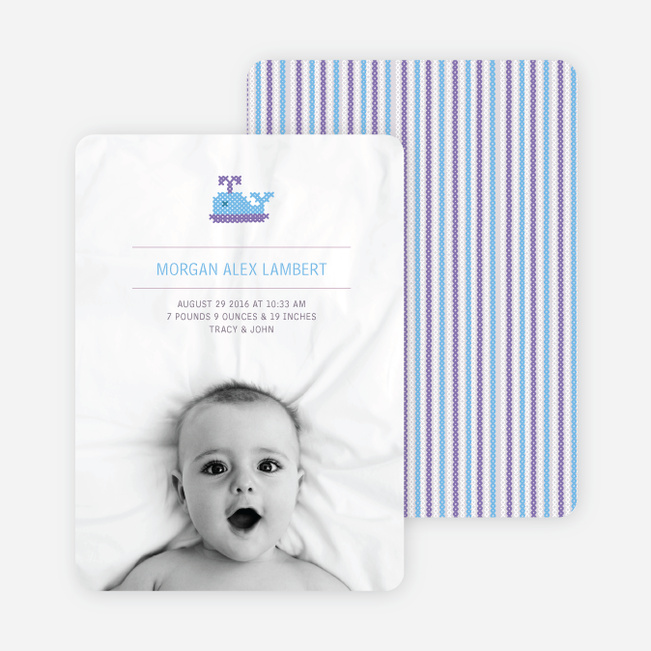 Quilted Whale Photo Birth Announcement - Pale Purple