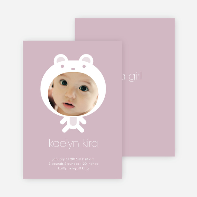 Baby in Cuddly Bear Outfit Baby Announcement - Dusty Rose