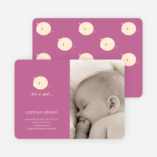 Darn Cute Piggy Baby Announcement - Violet Pink