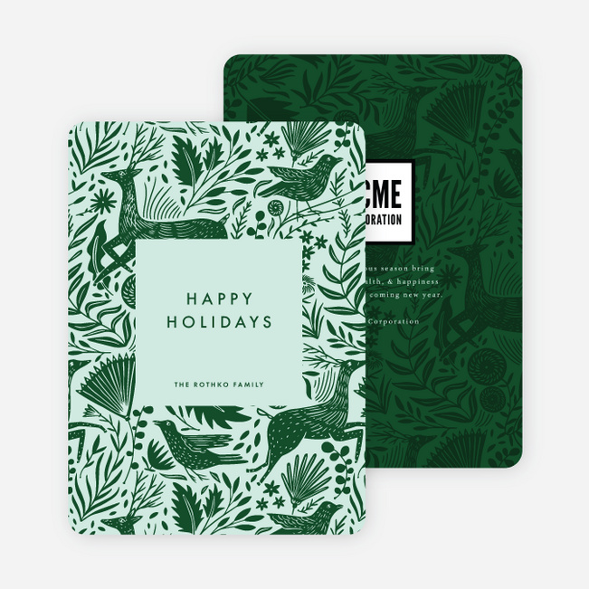Winter Woodblock Pattern Business and Corporate Holiday Cards - Green