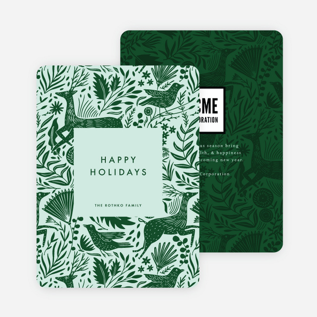 Winter Woodblock Pattern Business and Corporate Holiday Cards - Green