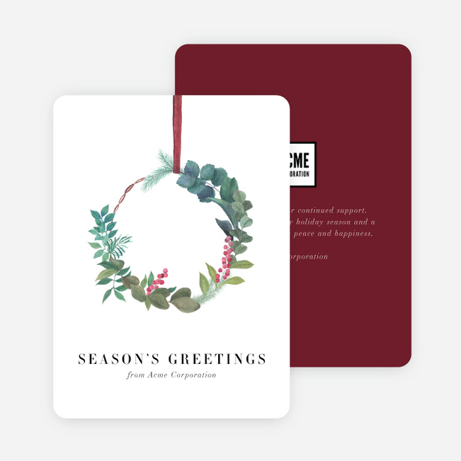 Natural Wreath Business and Corporate Holiday Cards - Red