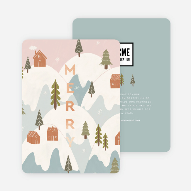 Foil Snowy Mountain Business and Corporate Holiday Cards - Pink