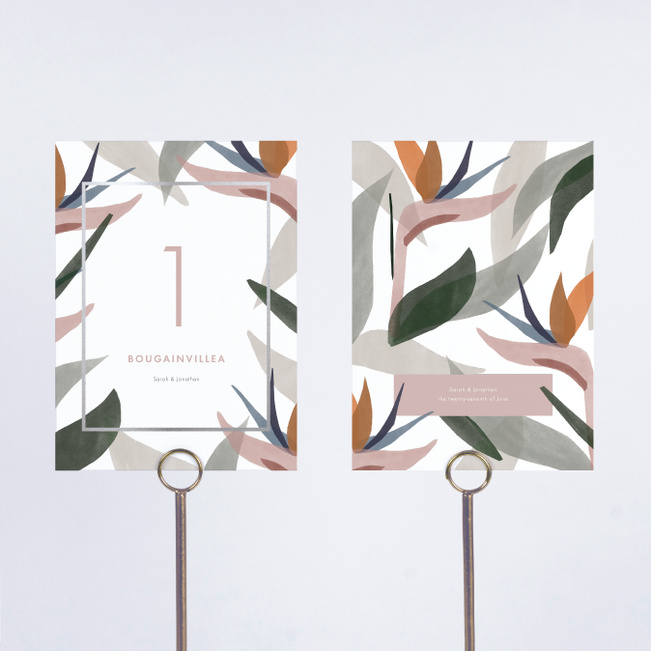 Foil Paradise Flowers Wedding Table Cards - Gray