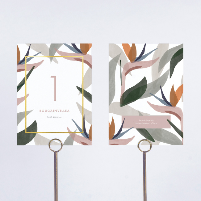 Foil Paradise Flowers Wedding Table Cards - Yellow