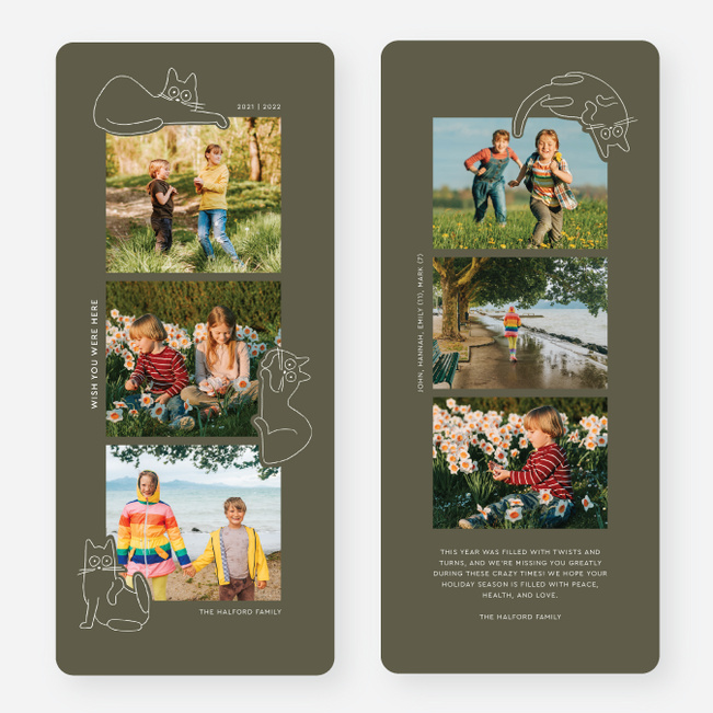 Cat Shaped Friend Multi Photo Holiday Cards - Green