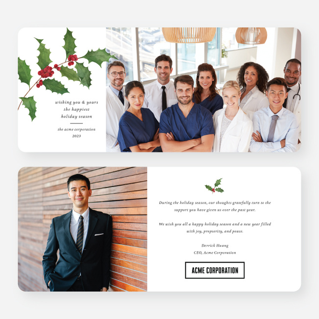Traditional Holly Branch Corporate Holiday Cards & Corporate Christmas Cards - White