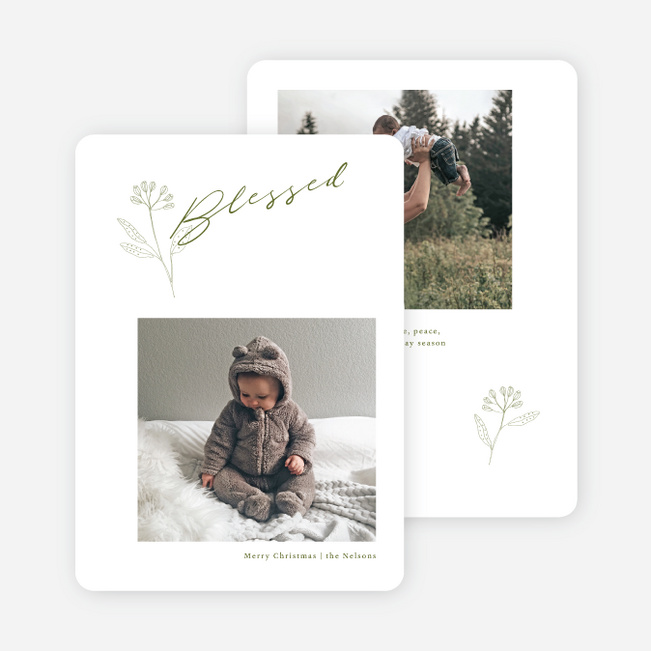 Joyfully Minimal Leaf Personalized Christmas Cards - Green