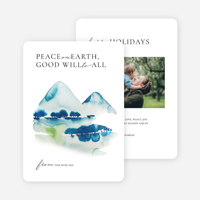 Peaceful Watercolor Mountains Holiday Cards and Invitations - Blue
