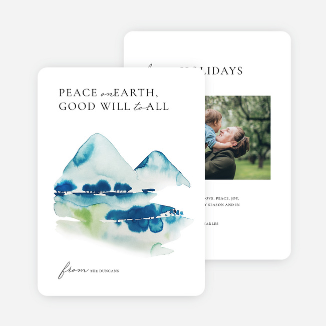 Peaceful Watercolor Mountains Holiday Cards and Invitations - Blue