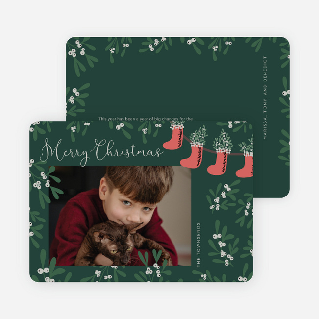 Corner Holly Garland Personalized Christmas Cards - Green