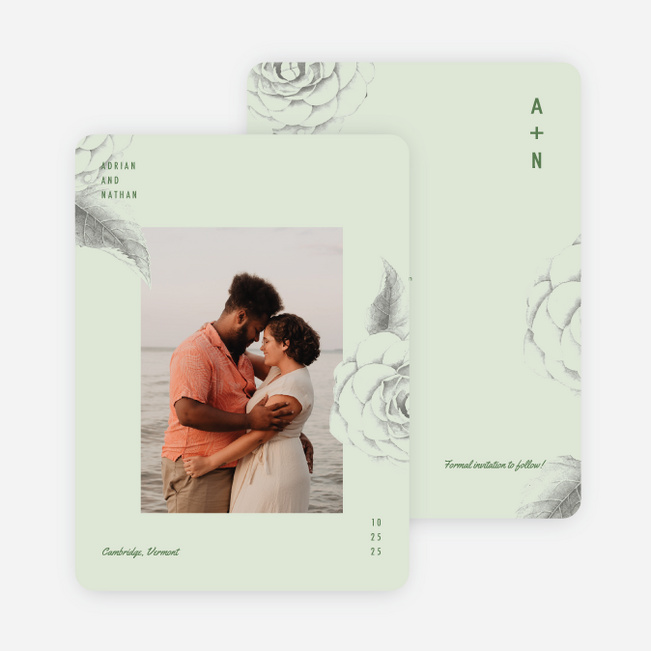 Muted Camellia Save the Date Cards - Green
