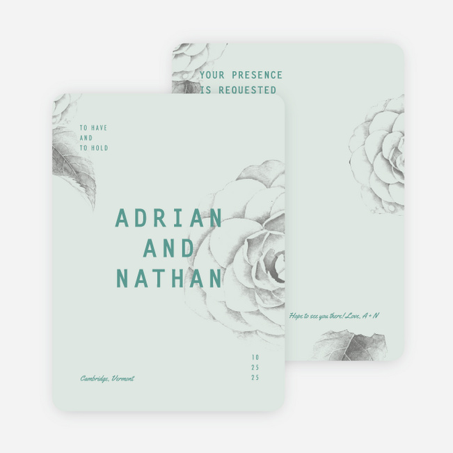 Muted Camellia Wedding Invitations - Blue