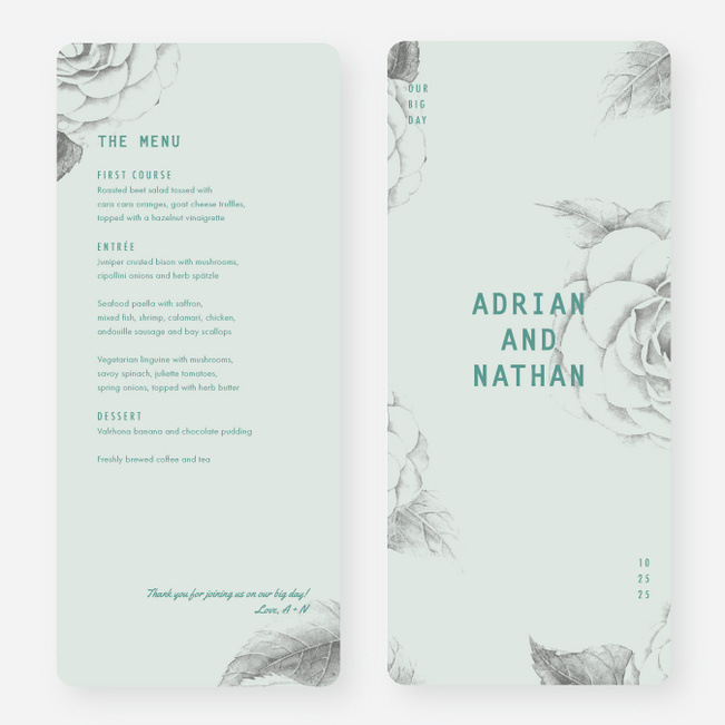 Muted Camellia Wedding Menus - Blue