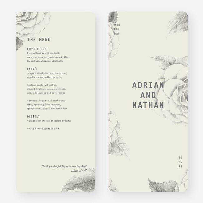 Muted Camellia Wedding Menus - Gray