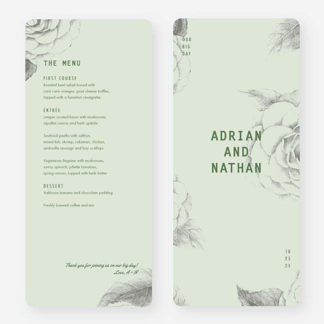 Muted Camellia Wedding Menus - Green