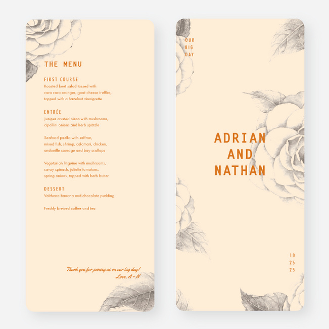 Muted Camellia Wedding Menus - Orange
