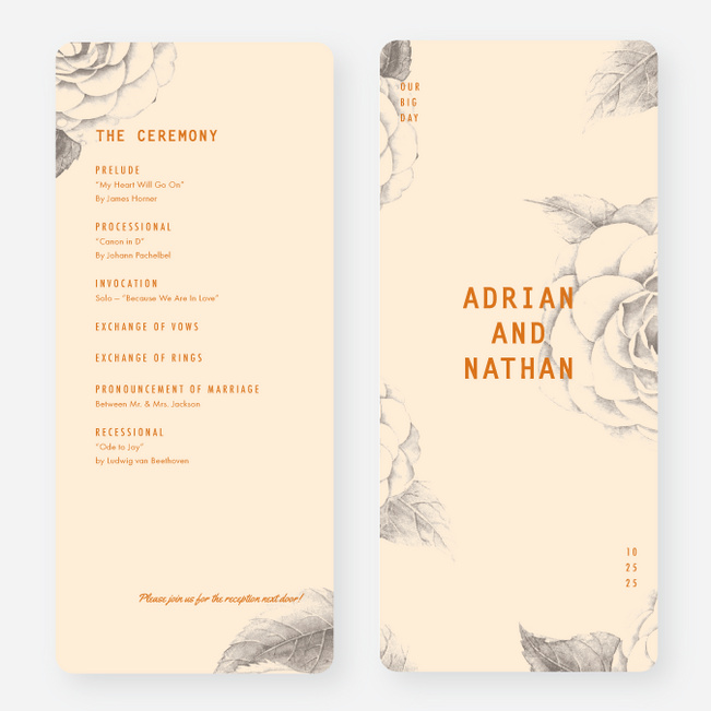 Muted Camellia Wedding Programs - Orange