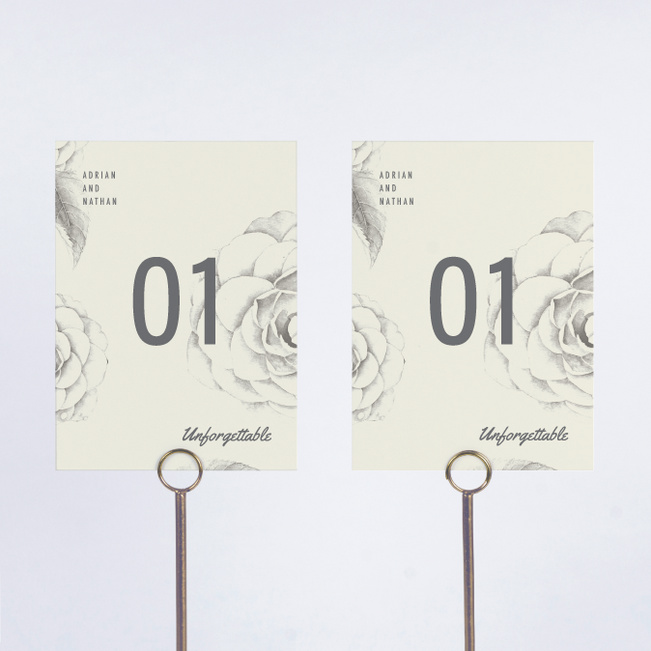 Muted Camellia Wedding Table Cards - Gray