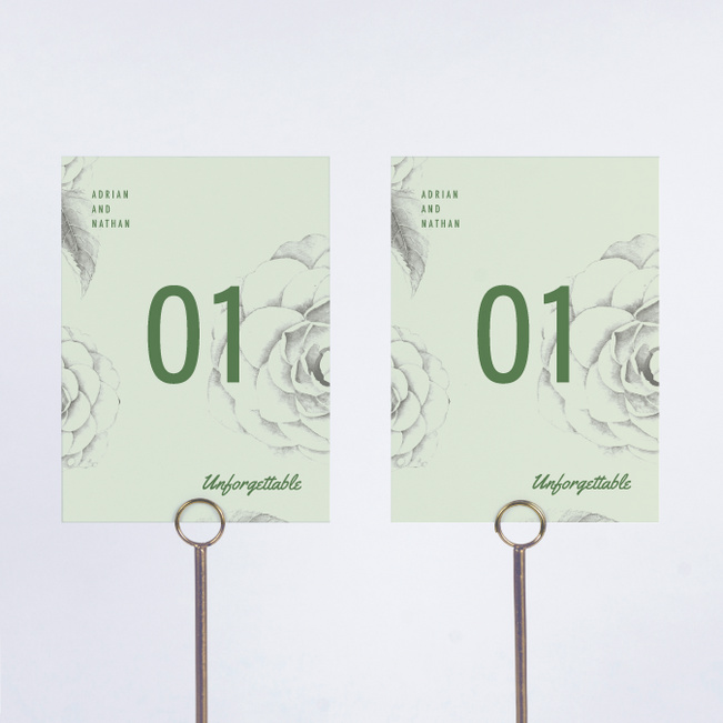 Muted Camellia Wedding Table Cards - Green