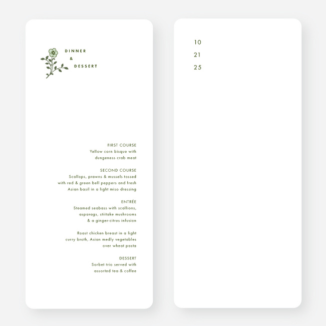 Romantic Simplicity Wedding Menus - Green