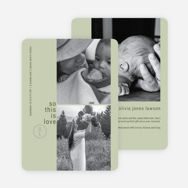 Photo Strip Monogram Baby Birth Announcements - Green