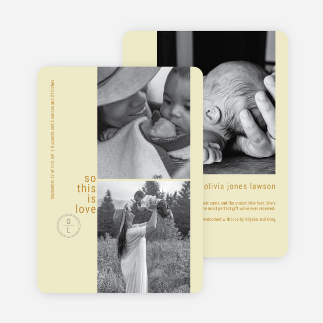 Photo Strip Monogram Baby Birth Announcements - Yellow