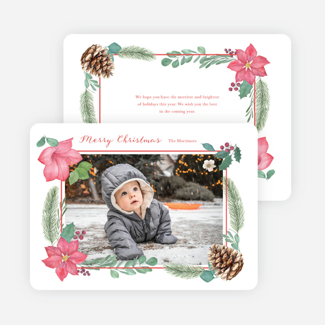 Pinecones & Poinsettias Bright Christmas Cards - Red