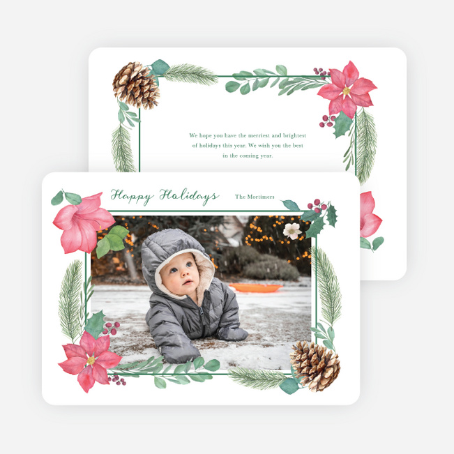 Pinecones & Poinsettias Bright Holiday Cards and Invitations - Green
