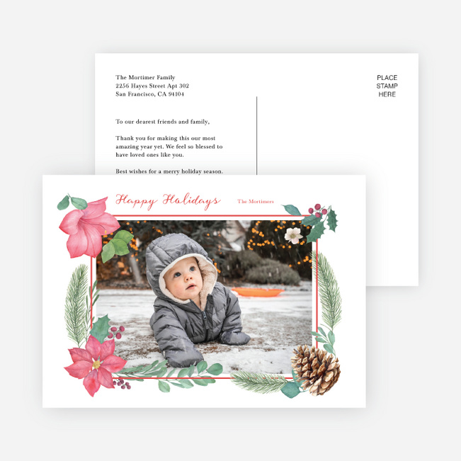 Pinecones & Poinsettias Bright Holiday Cards and Invitations - Red