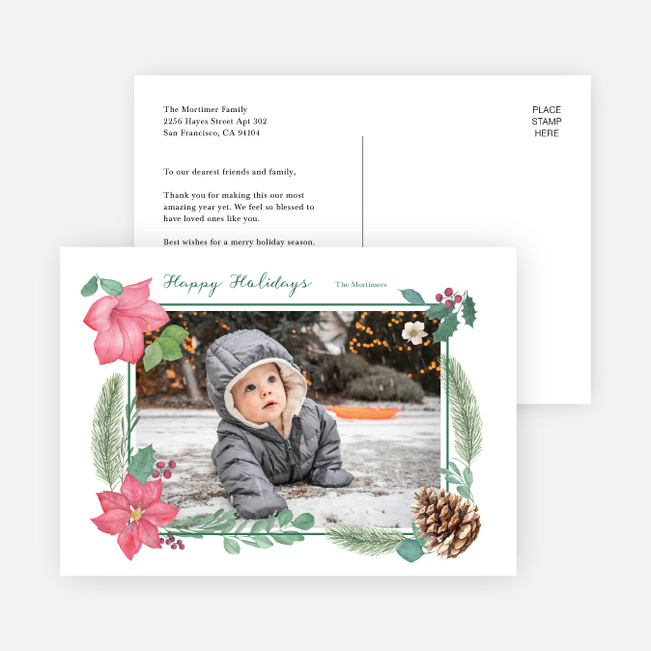 Pinecones & Poinsettias Bright Holiday Cards and Invitations - Green