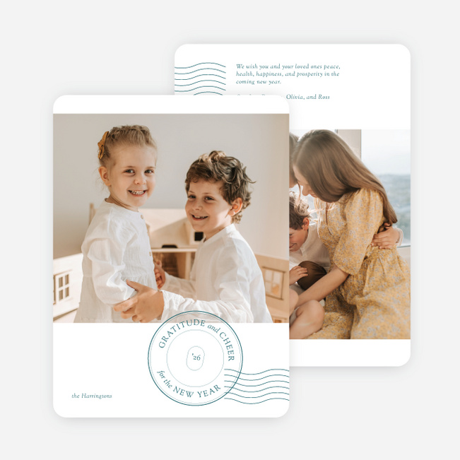 Stamped Cheers of Gratitude New Year Cards and Invitations - Blue