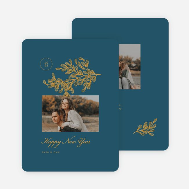 Delicate Holly Outline New Year Cards and Invitations - Blue