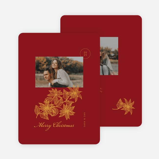 Delicate Holly Outline Personalized Christmas Cards - Red
