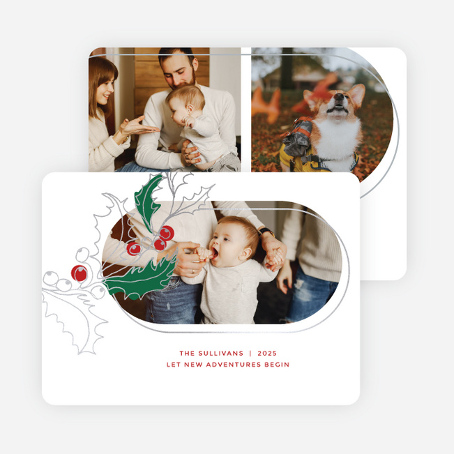 Foil Holly Overlap Holiday Cards and Invitations - Gray