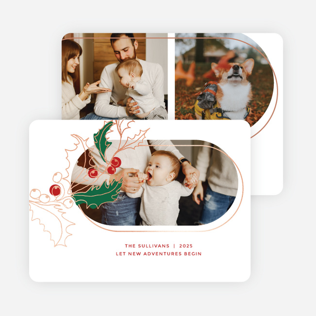 Foil Holly Overlap Holiday Cards and Invitations - Pink