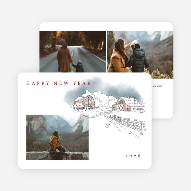 Watercolor Winter Scenery  New Year Cards and Invitations - White