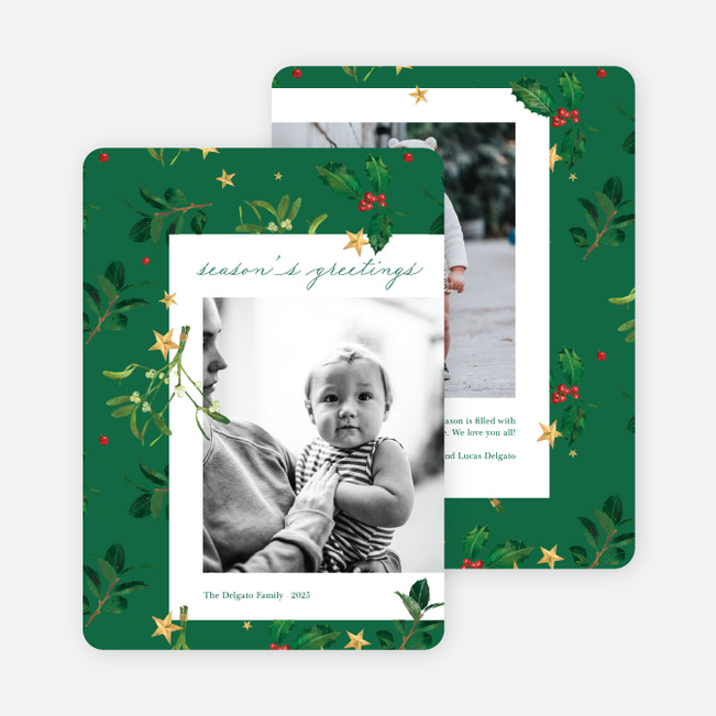 Holly and Stars Christmas Cards Holiday Cards and Invitations - Green