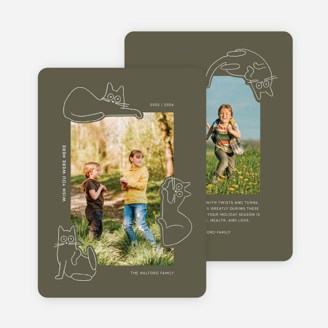 Cat Shaped Friend Multi Photo Holiday Cards - Green