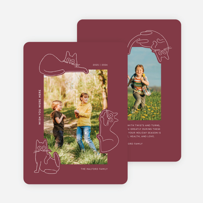 Cat Shaped Friend Multi Photo Holiday Cards - Red