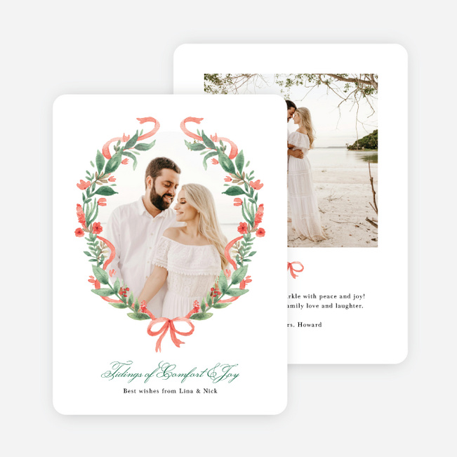 Wreath & Ribbon Holiday Cards and Invitations - White